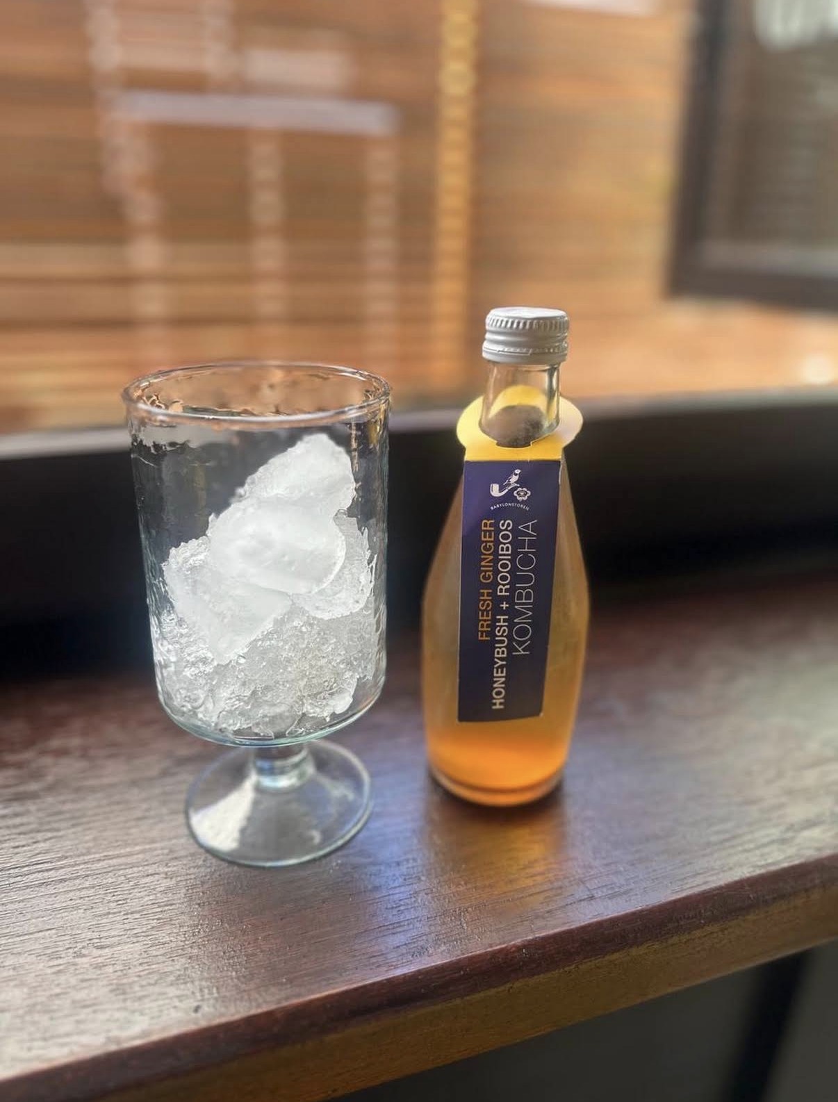 MENU — Babylonstoren kombucha bottle and glass